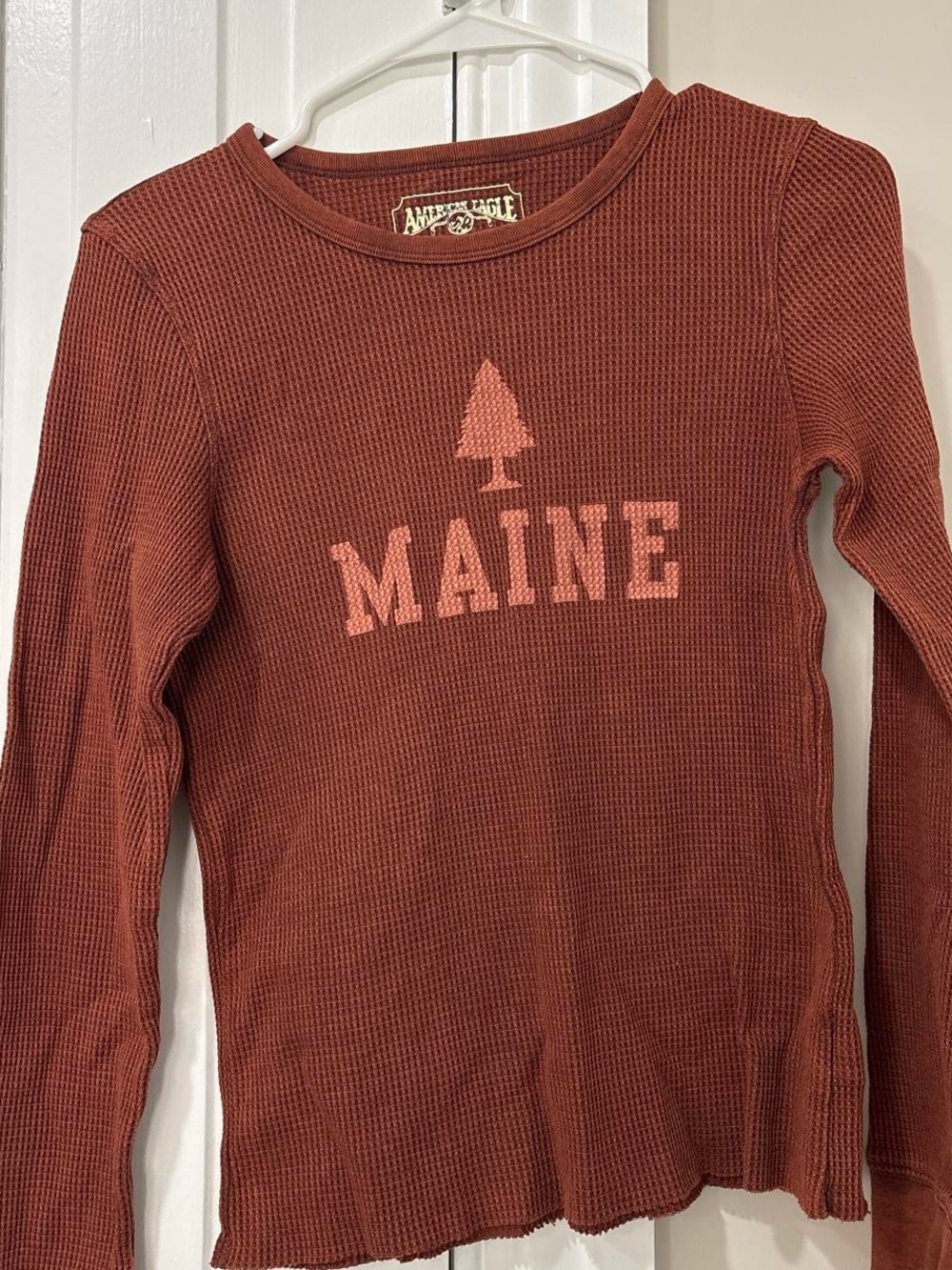 American Eagle Outfitters Kids Rust Long-Sleeve Waffle 'MAINE' Top